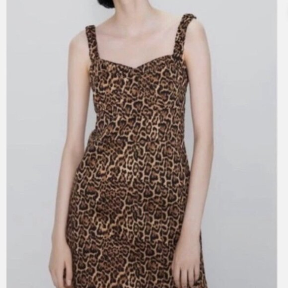 Zara Leopard Print Bustier Corset Ruched Straps Mini Dress Size Medium - Picture 4 of 8